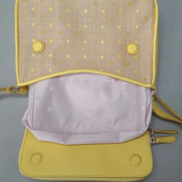 Kate Spade NY Yellow Leather 'Run Around Raffia' Dot Large Flap Crossbody Bag - Picture 4 of 17